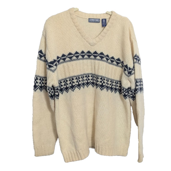Vtg Structure Ivory Heavyweight Wool V-Neck Pullover Sweater Men's Large M1 - Picture 1 of 5